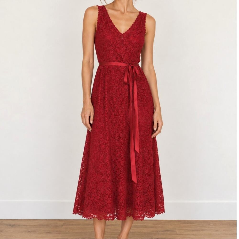 Vintage 90s Red Lace Midi Dress Size 10 Romantic Coquette Giorgio Fiorlini